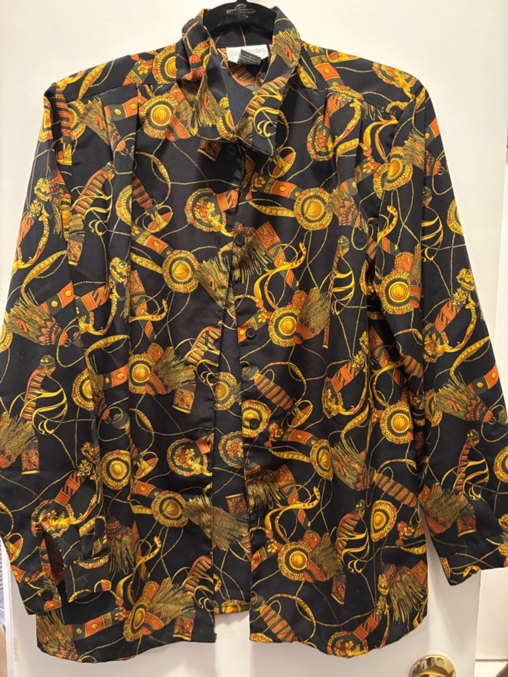 Women’s Black and Gold Patterned Button-Up Shirt